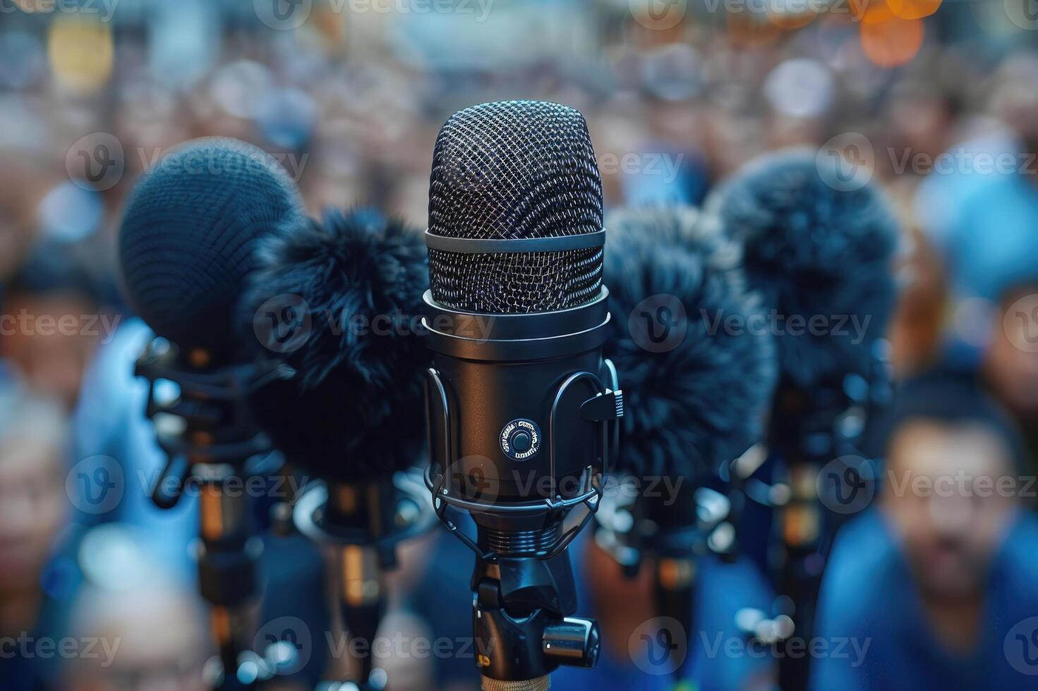 Press conference with concentrated microphones of journalists photo