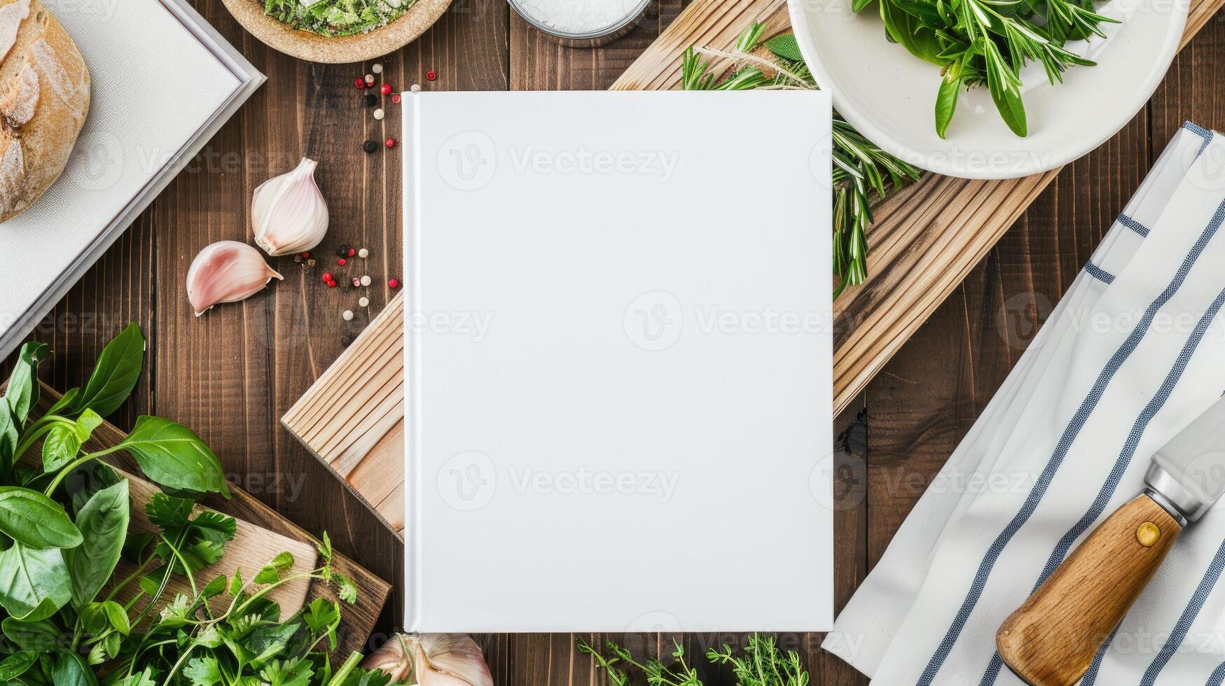Blank white book cover mock-up on an Italian kitchen table surrounded by fresh herbs and Italian ingredients photo