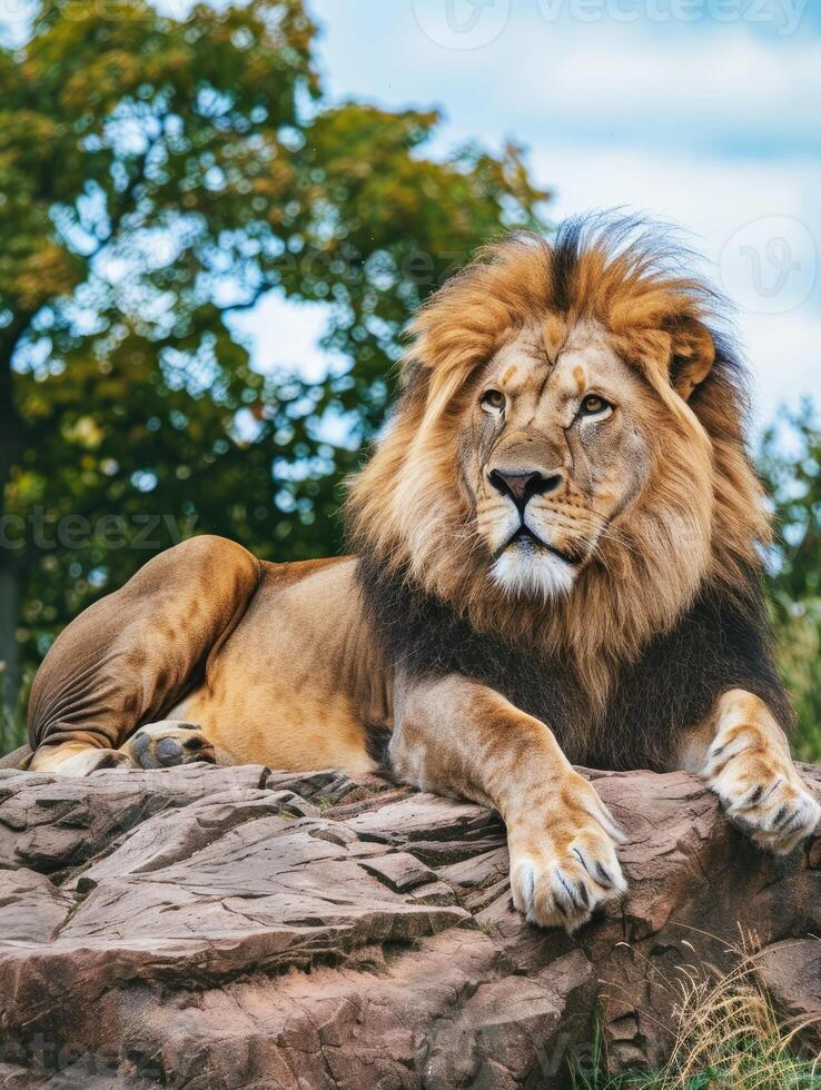 Majestic lion resting on a rock in natural habitat with lush surroundings. photo