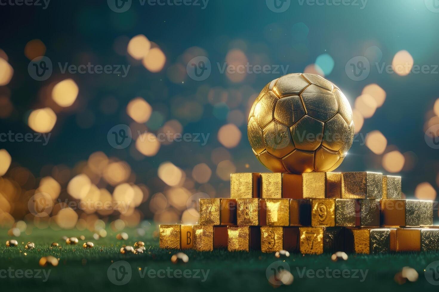 Luxurious golden soccer ball displayed on blocks arranged against shimmering lights. photo