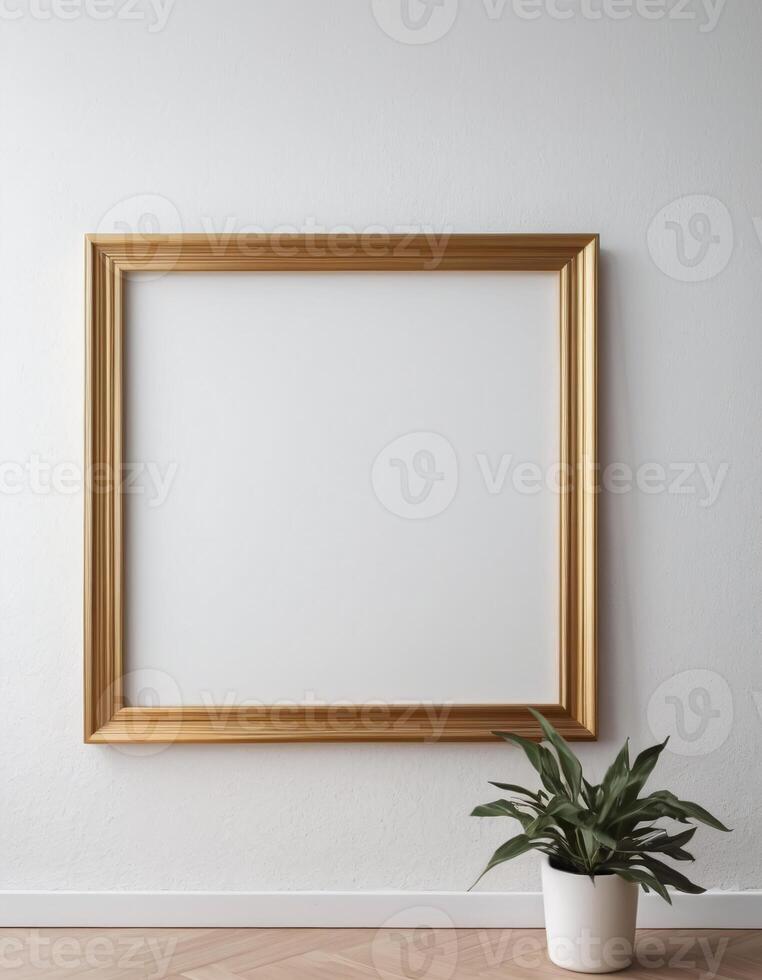 Blank wooden frame on white wall mockup template photo