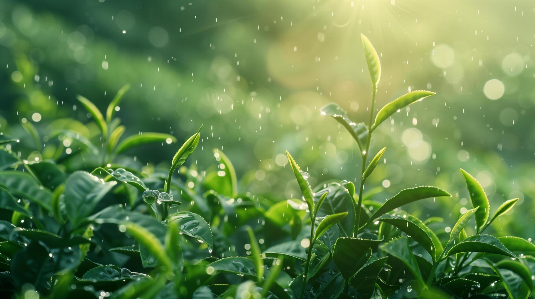 Closeup shot of green tea field, raindrops and morning sunlight falling on leaves, background design photo