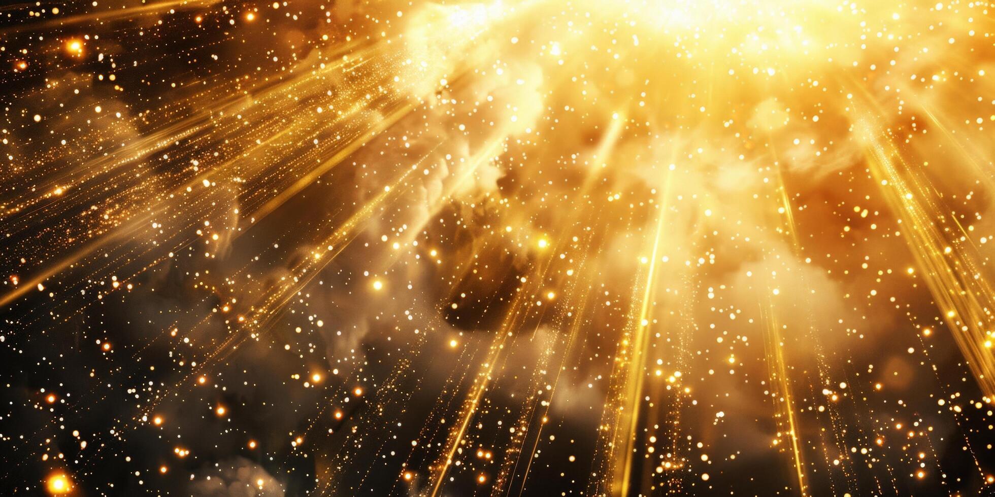 Golden ethereal rays of sunshine, sparkle, twinkle falling, bokeh effect abstract background wallpaper design. photo