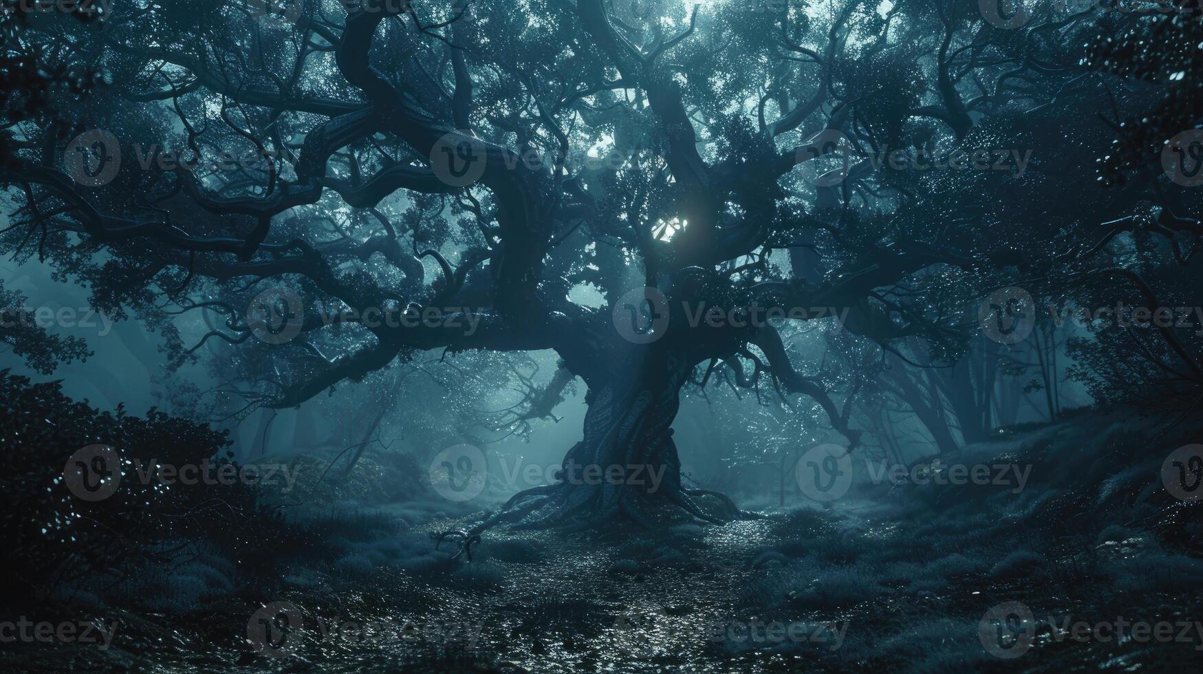 Majestic, twisted tree under a night sky evoking mystery and wonder. photo