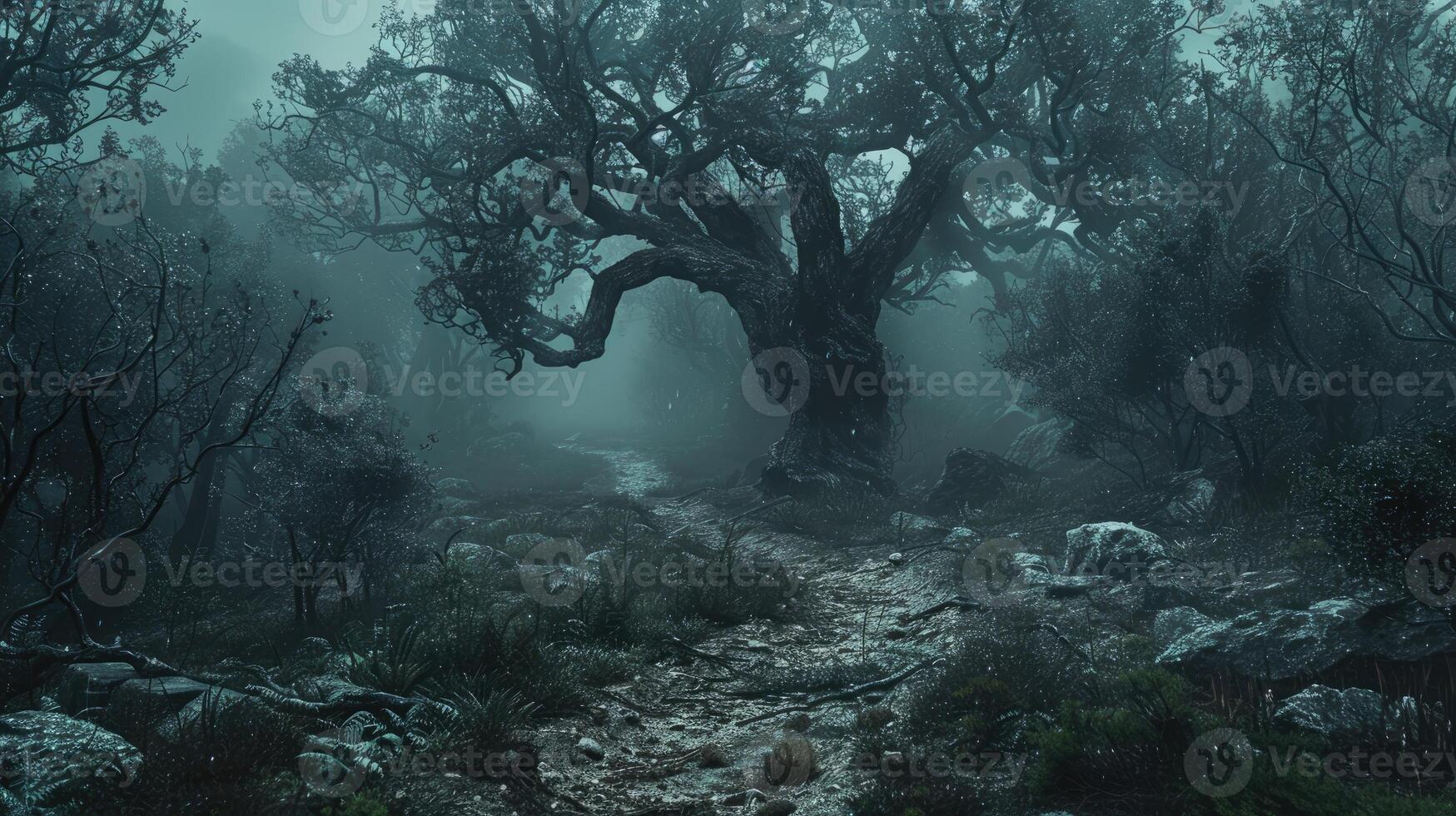 Majestic, twisted tree under a night sky evoking mystery and wonder. photo