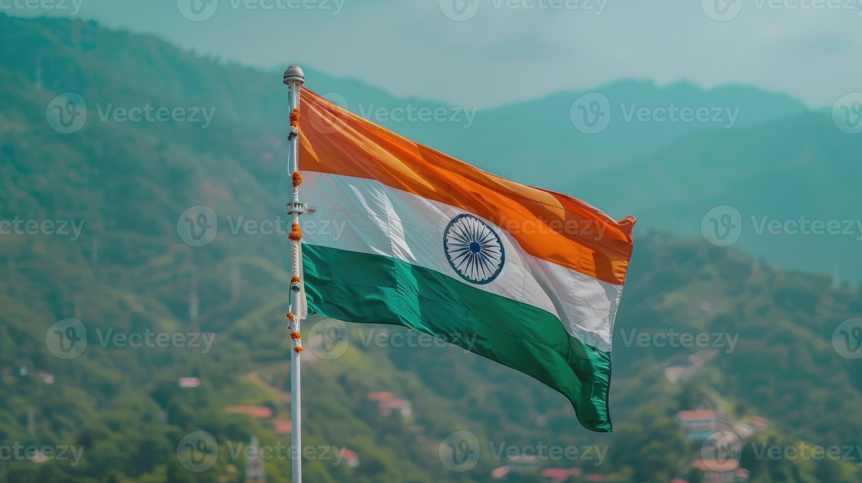 Indian flag waving in the wind with mountainous background photo