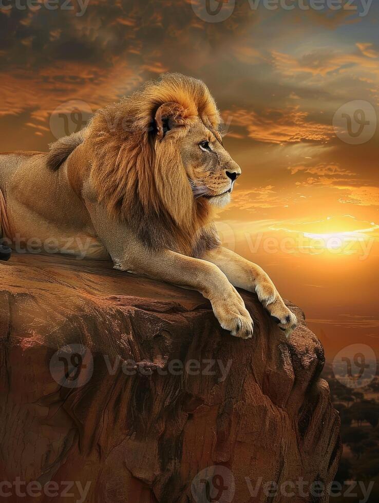 Lion perched on a rock at sunset overlooking the vast savannah landscape. photo
