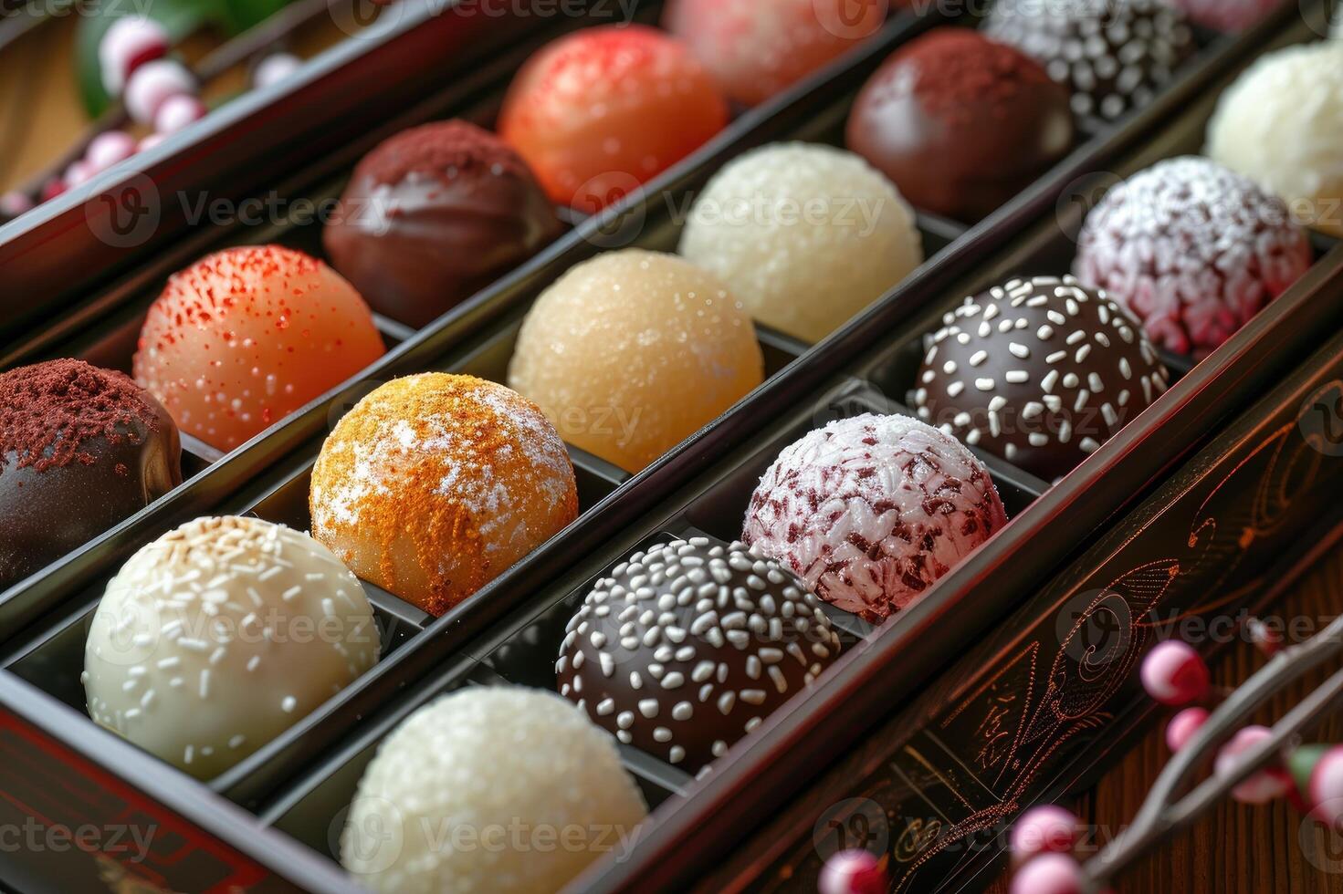 Traditional Japanese dessert mochi balls presented in a beautiful, traditional Japanese box photo