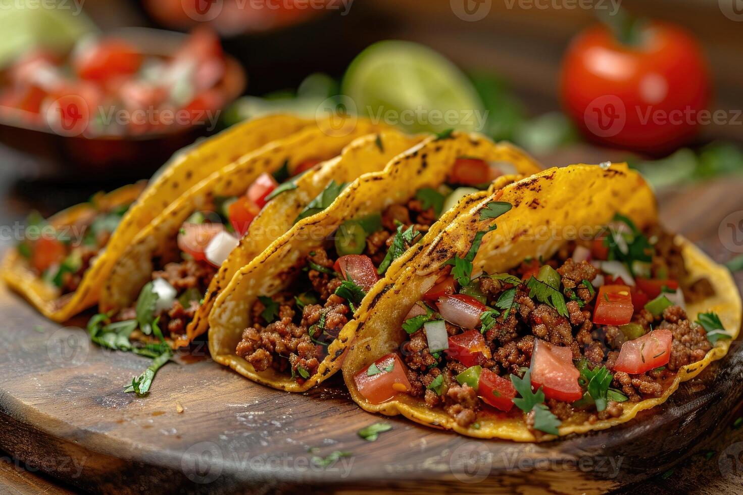 Traditional mexican tacos with beef and vegetables on a wooden board photo