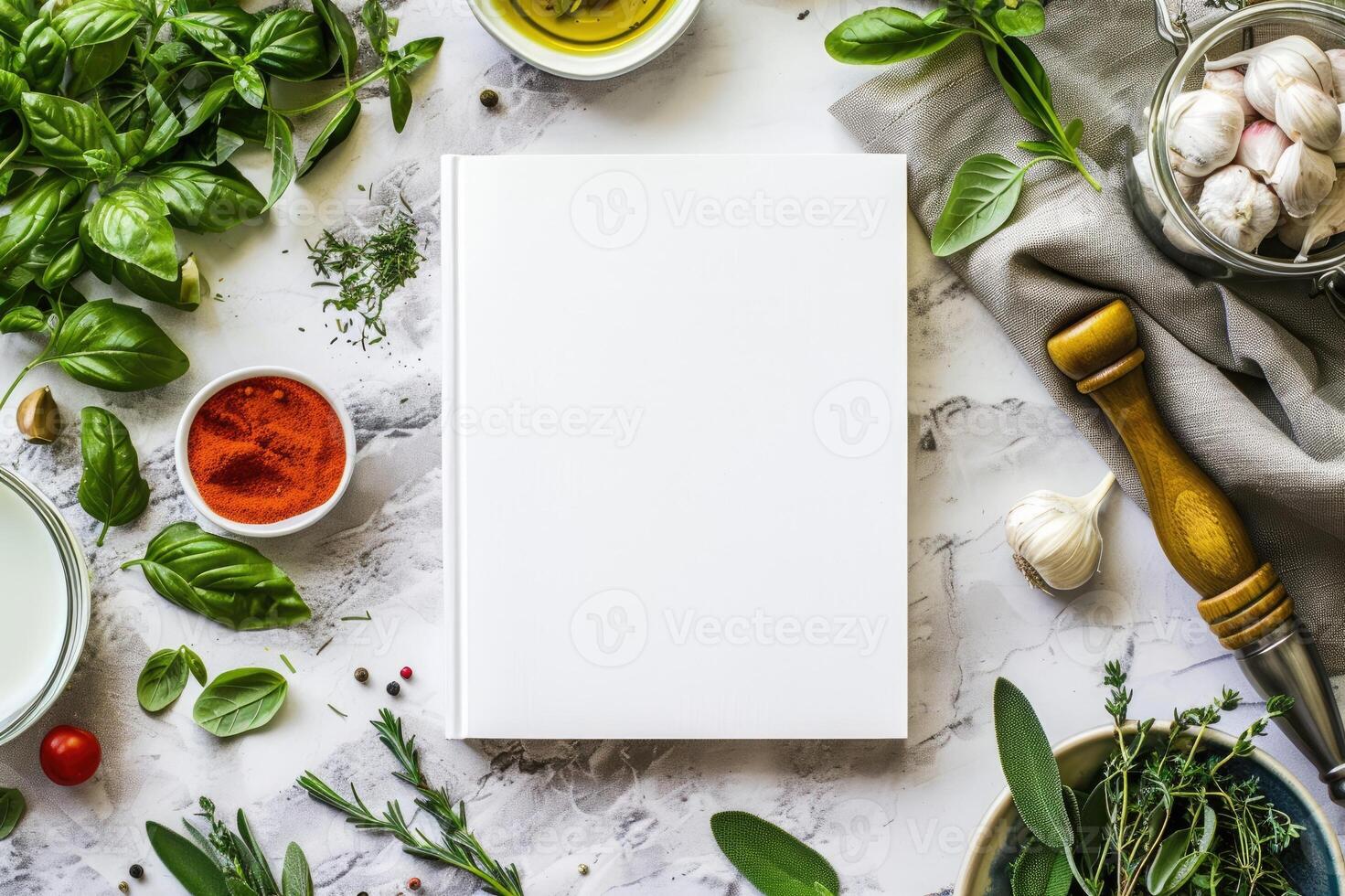 Blank white book cover mock-up on an Italian kitchen table surrounded by fresh herbs and Italian ingredients photo