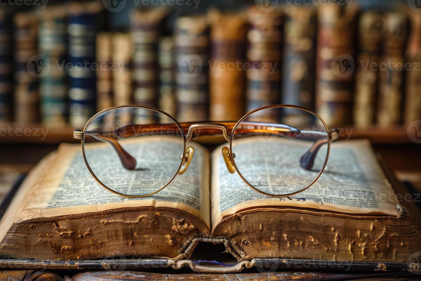 An open book with reading glasses, set against a backdrop of more books. photo