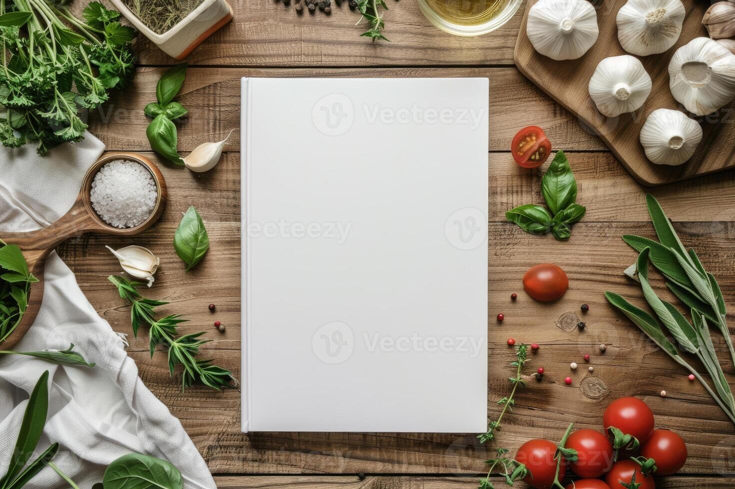 Blank white book cover mock-up on an Italian kitchen table surrounded by fresh herbs and Italian ingredients photo