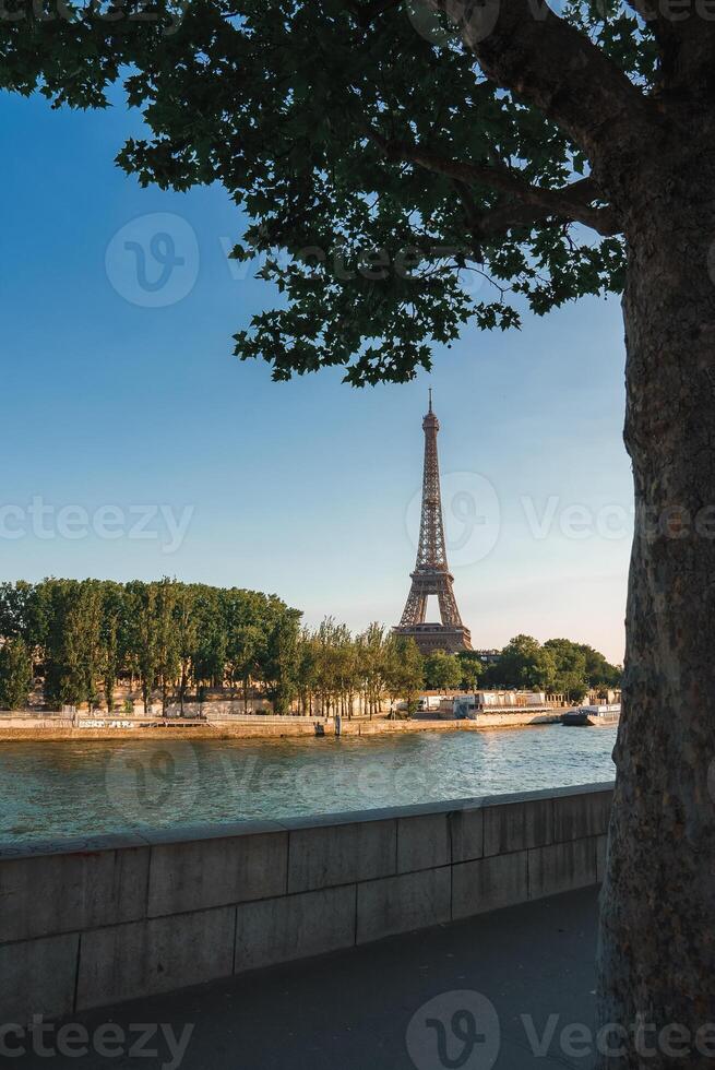 Sunny Summer Morning View of Eiffel Tower from Seine River photo