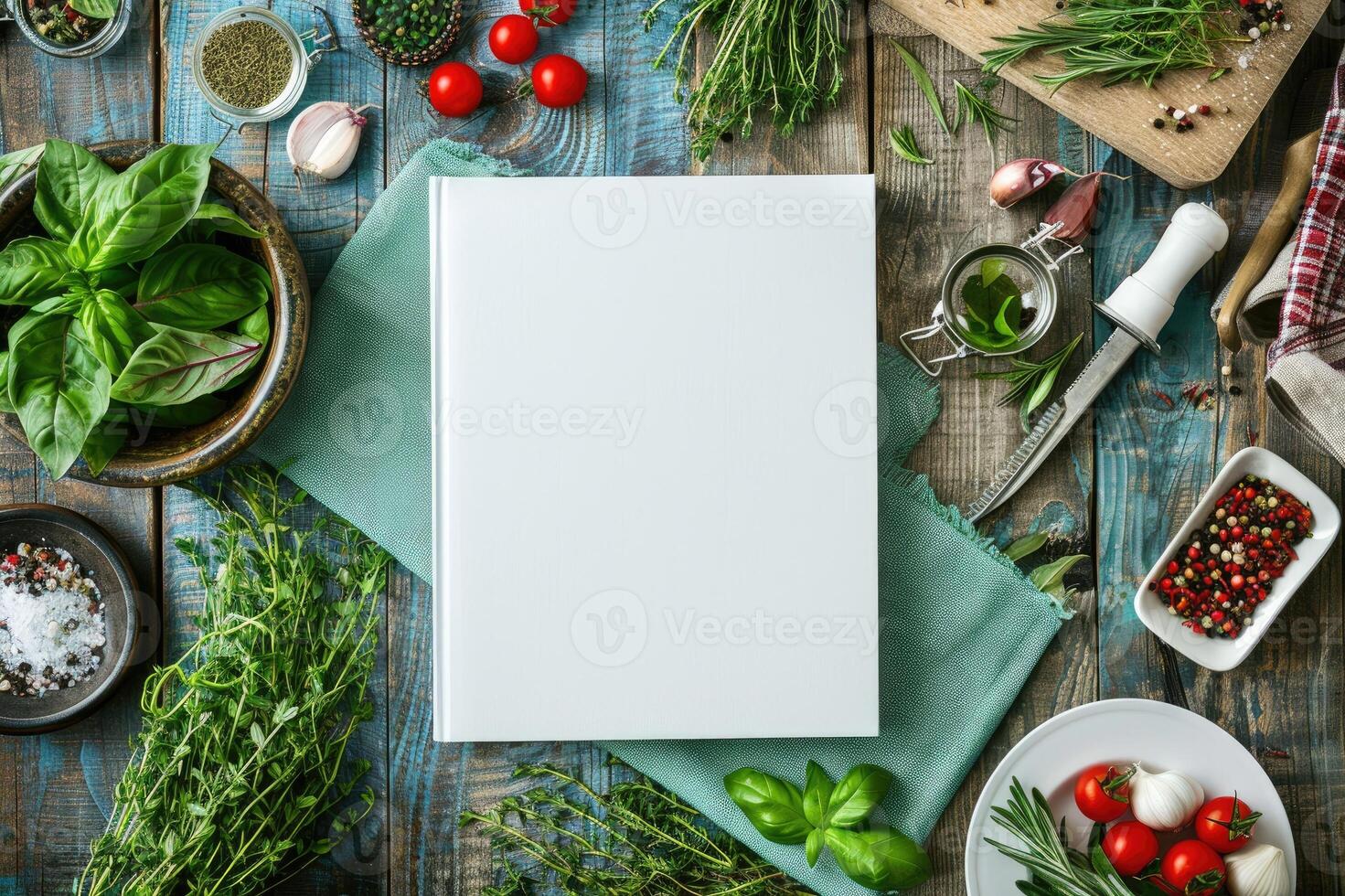 Blank white book cover mock-up on an Italian kitchen table surrounded by fresh herbs and Italian ingredients photo