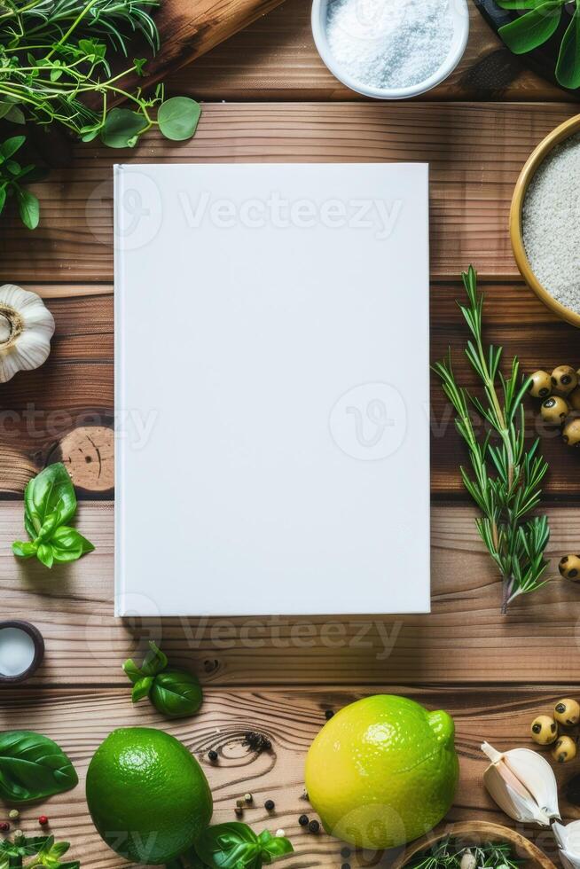Blank white book cover mock-up on an Italian kitchen table surrounded by fresh herbs and Italian ingredients photo