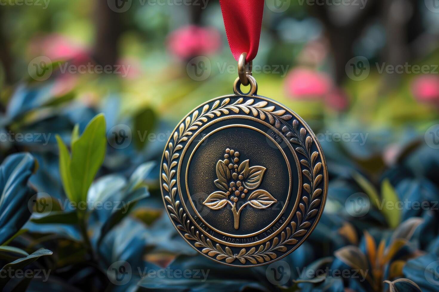 Bronze medal hanging from a tree branch representing achievement photo