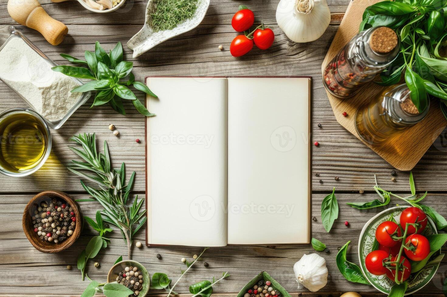 Blank white book cover mock-up on an Italian kitchen table surrounded by fresh herbs and Italian ingredients photo