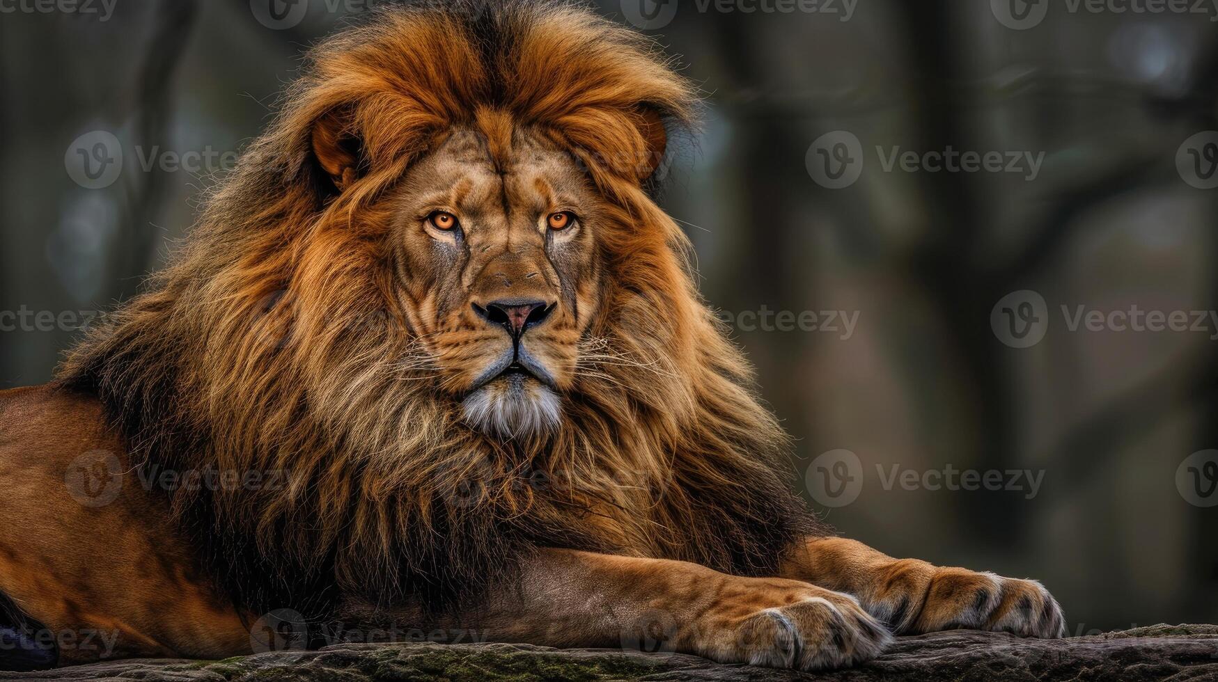 Close-up of a majestic lion with a golden mane staring intensely forward. photo