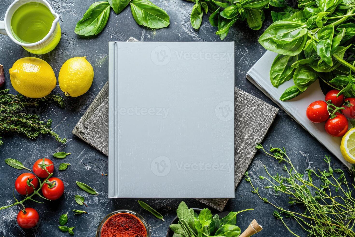Blank white book cover mock-up on an Italian kitchen table surrounded by fresh herbs and Italian ingredients photo