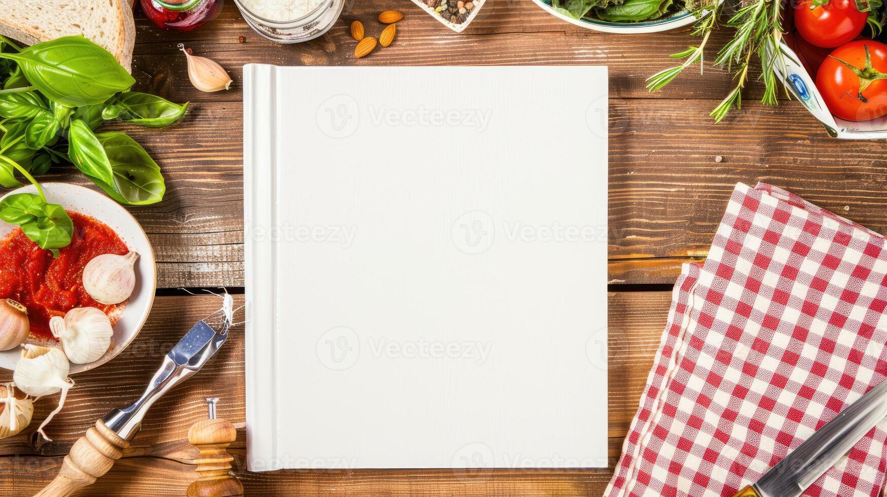 Blank cookbook on a wooden table with cooking ingredients and utensils. photo