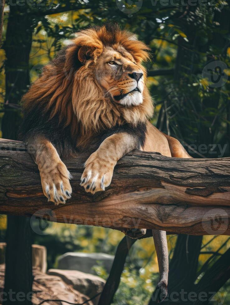 Lion lounging on a wooden branch on a tree in lush green forest scenery. photo