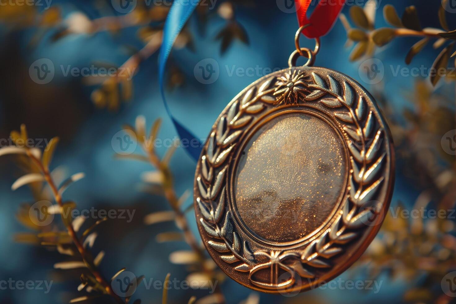 Golden medal hanging from a tree branch representing achievement photo