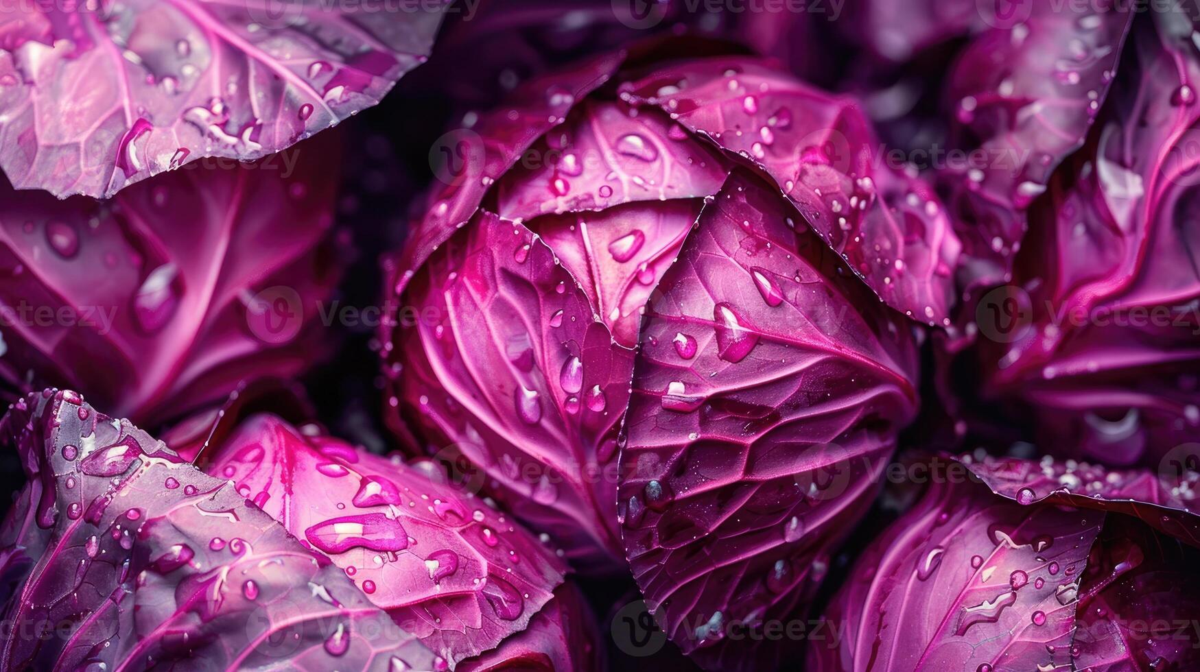 Close-up of fresh red cabbages with water drops on their leaves. photo