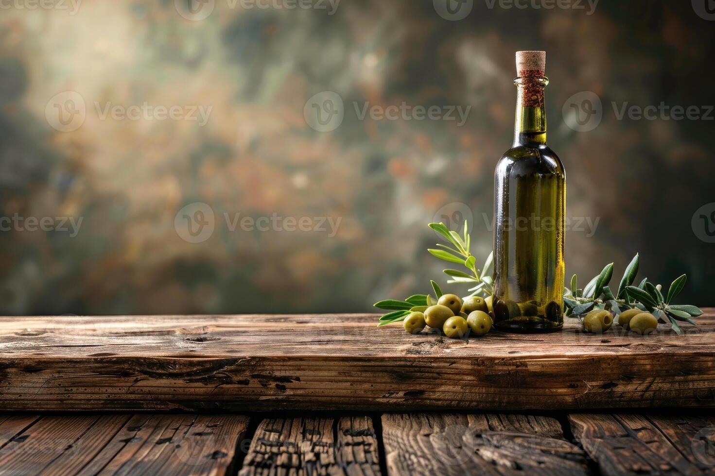 Empty wooden table with olives and a bottle of olive oil. Natural podium, background suitable for products presentation photo