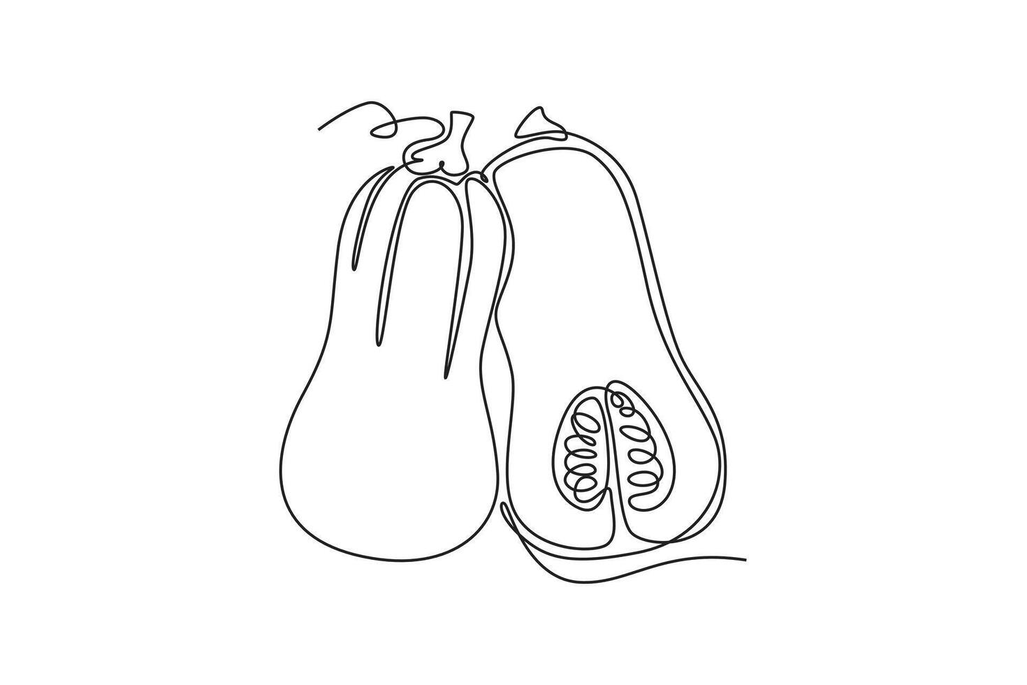 Single continuous line drawing of whole and sliced healthy organic butternut pumpkin for farm logo identity. Winter squash concept for vegetable icon. One line draw graphic design illustration vector