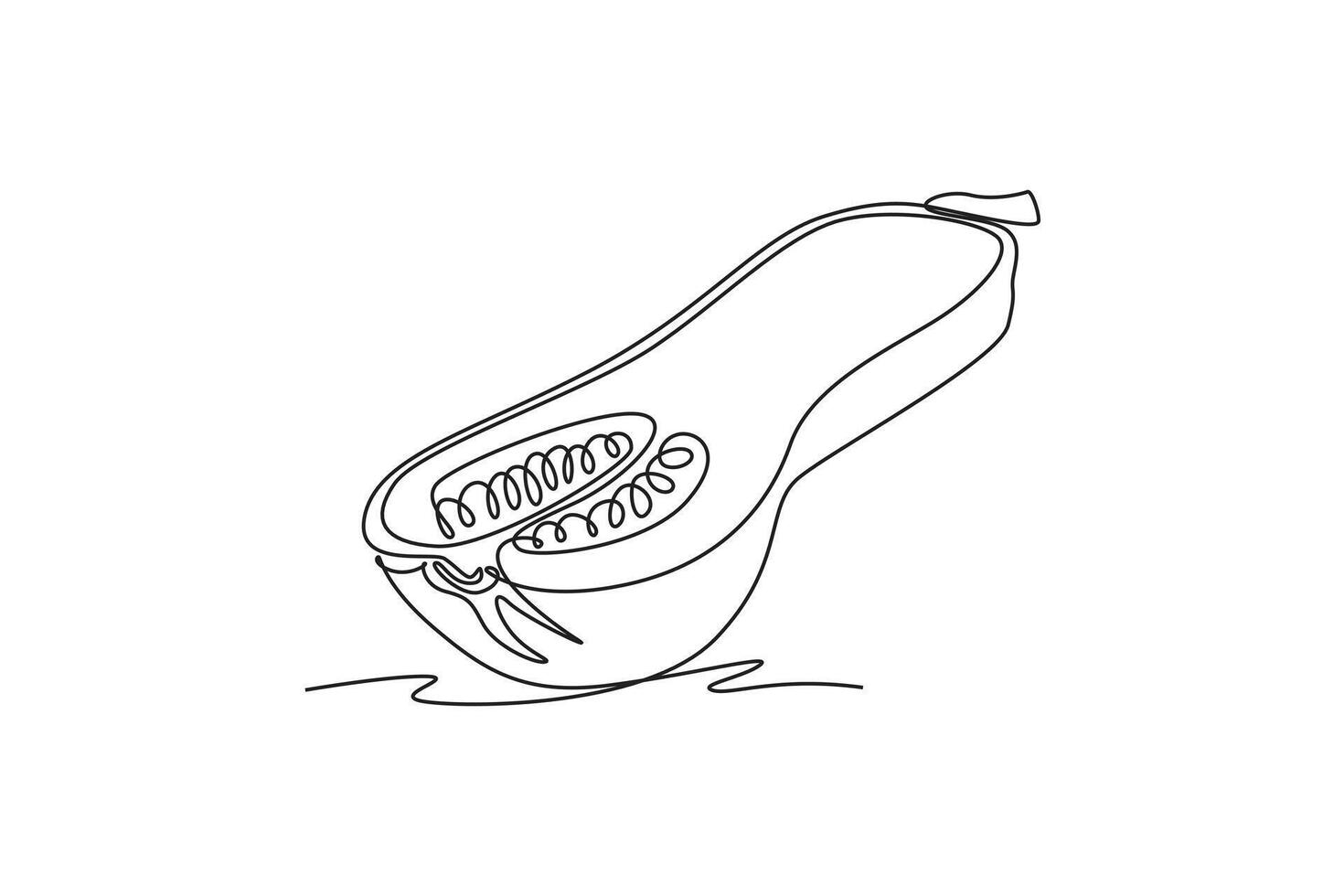 Single continuous line drawing of half sliced healthy organic butternut squash for plantation logo identity. Fresh winter pumpkin for vegetable icon. One line draw graphic design illustration vector