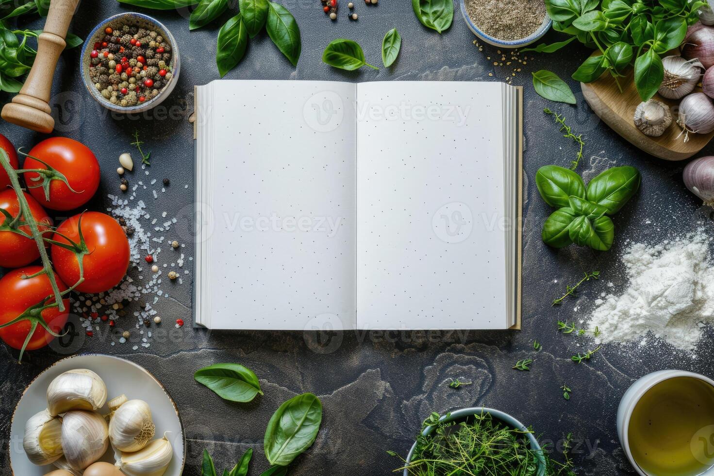 Blank white book cover mock-up on an Italian kitchen table surrounded by fresh herbs and Italian ingredients photo