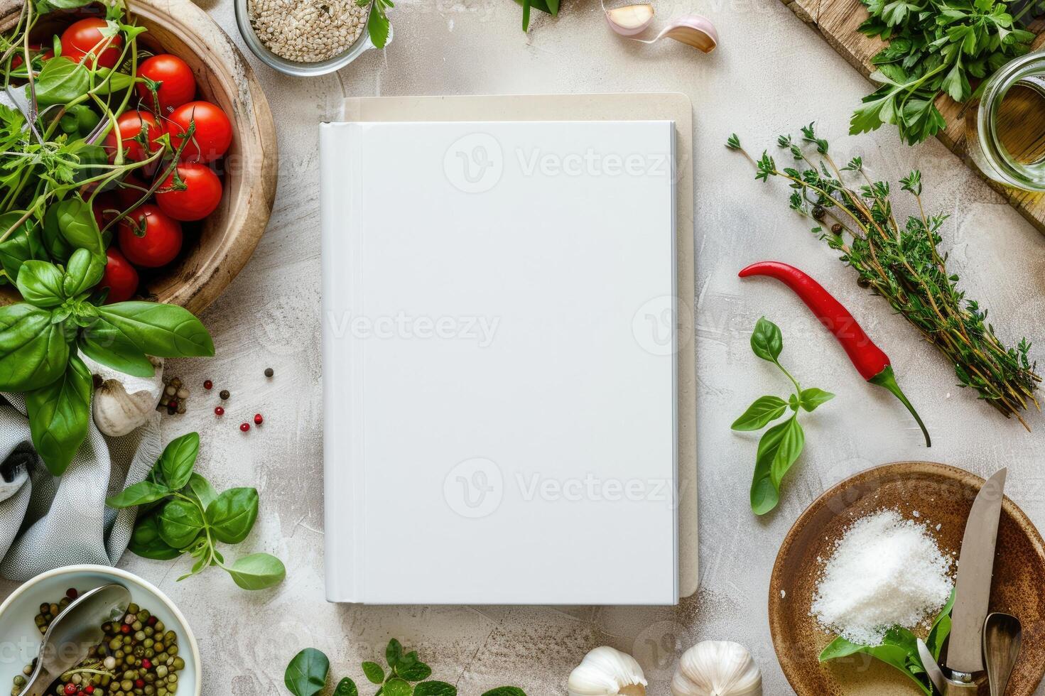 Blank white book cover mock-up on an Italian kitchen table surrounded by fresh herbs and Italian ingredients photo