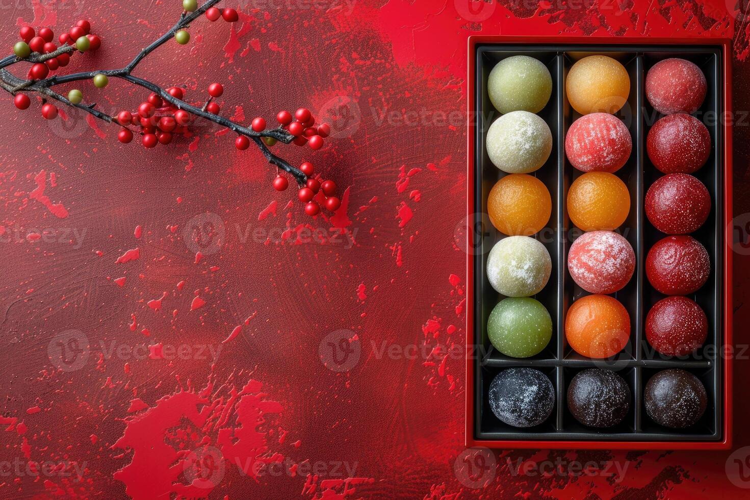 Traditional Japanese dessert mochi balls presented in a beautiful, traditional Japanese box photo