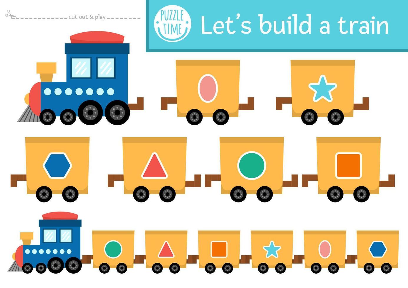Lets build a train cut and glue activity. Transportation educational crafting game with engine and wagons. transport printable page for kids with shapes. Arrange in the right order vector