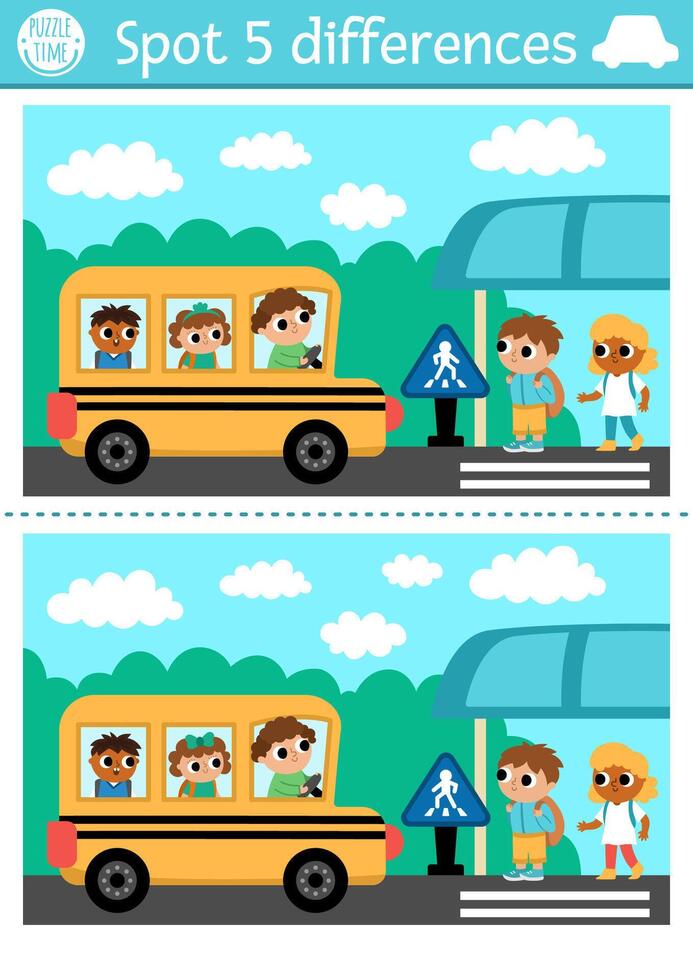 Find differences game for children. Transportation educational activity with cute school bus with driver, picking kids on bus stop. Cute puzzle for kids with transport. Printable worksheet or page vector
