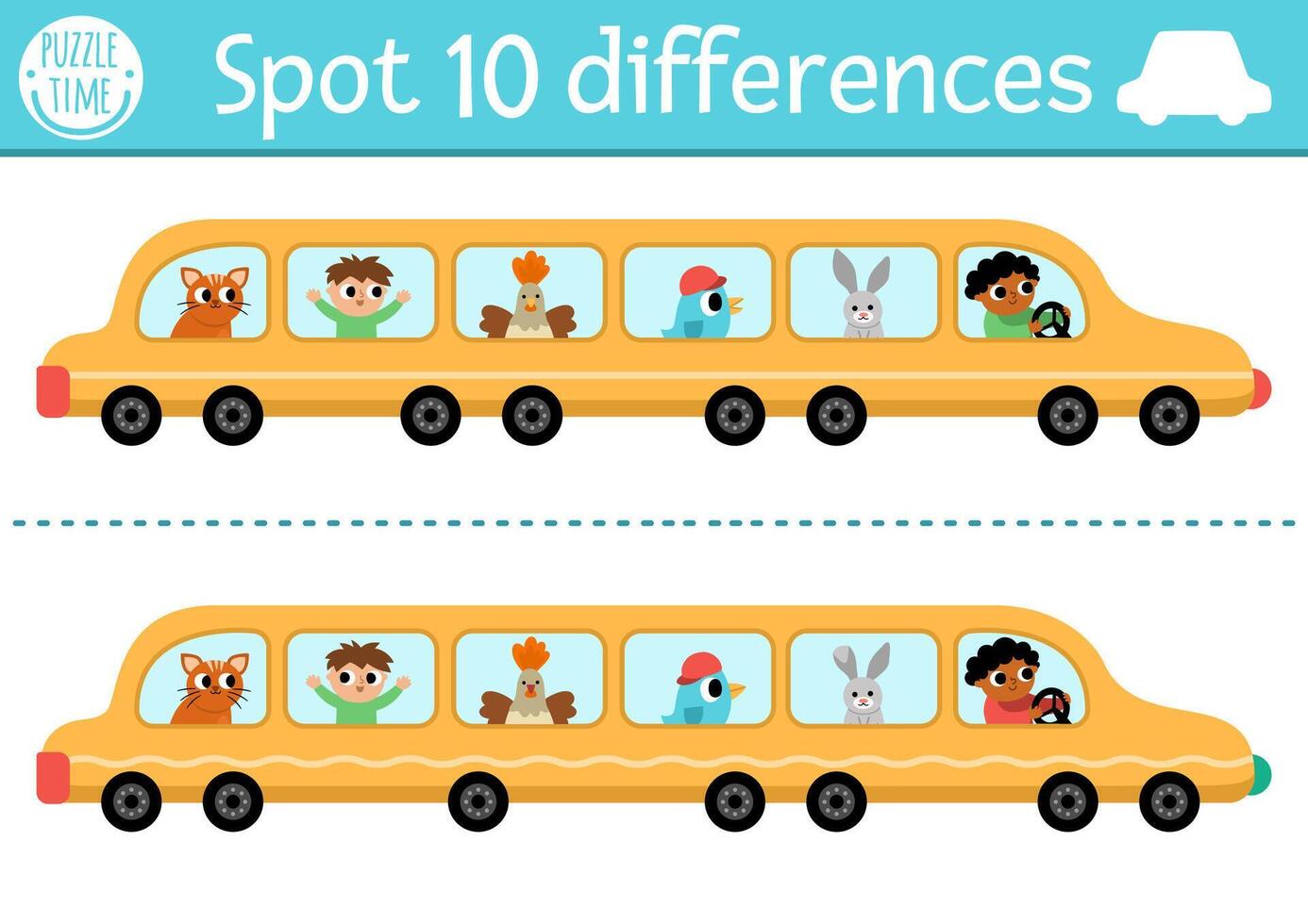 Find differences game for children. Transportation educational activity with cute limousine with passengers, driver. Cute puzzle for kids with funny transport. Printable worksheet with limo vector