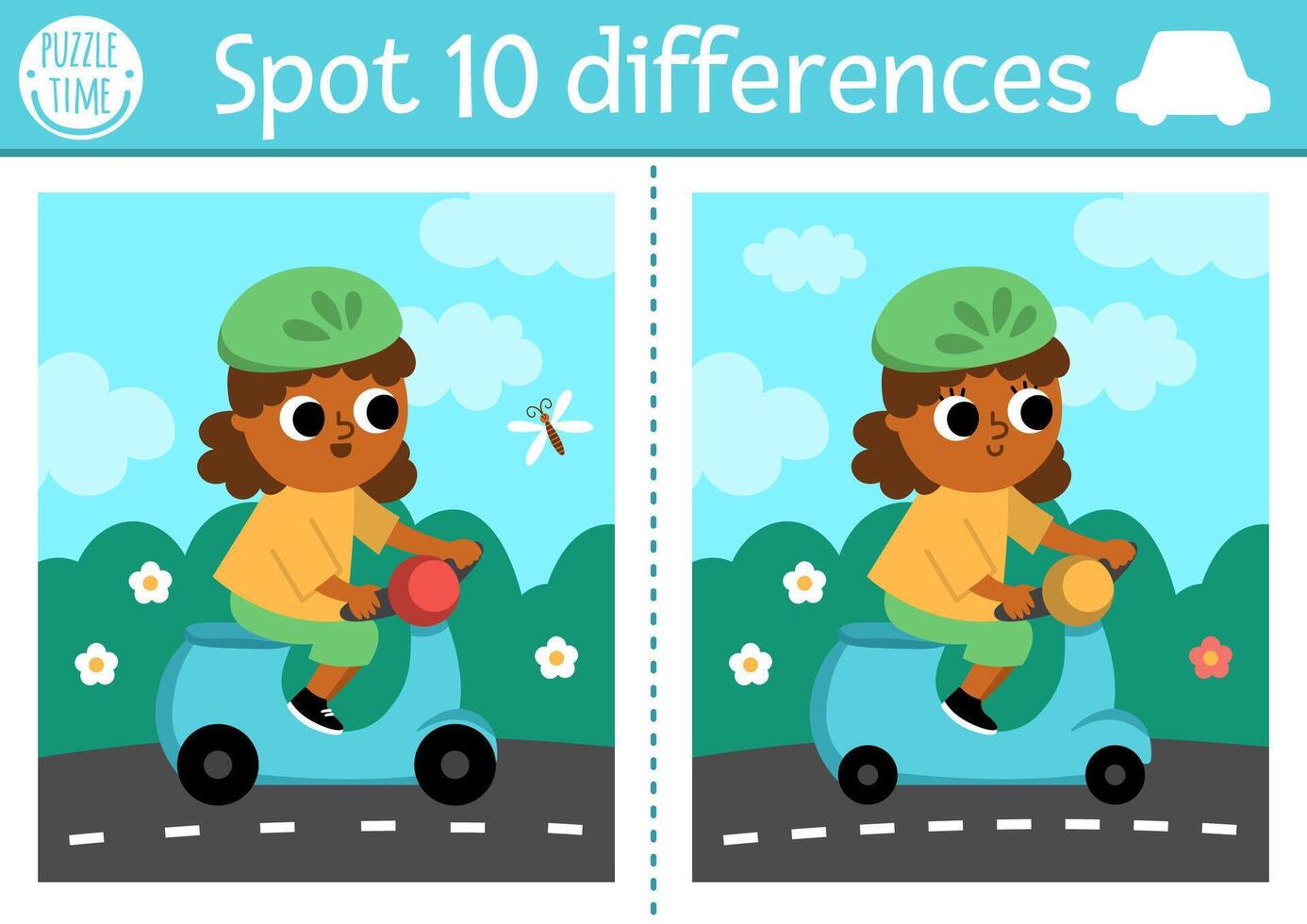Find differences game for children. Transportation educational activity with cute girl riding scooter. Cute puzzle for kids with transport. Printable worksheet or page for logic, attention skills vector
