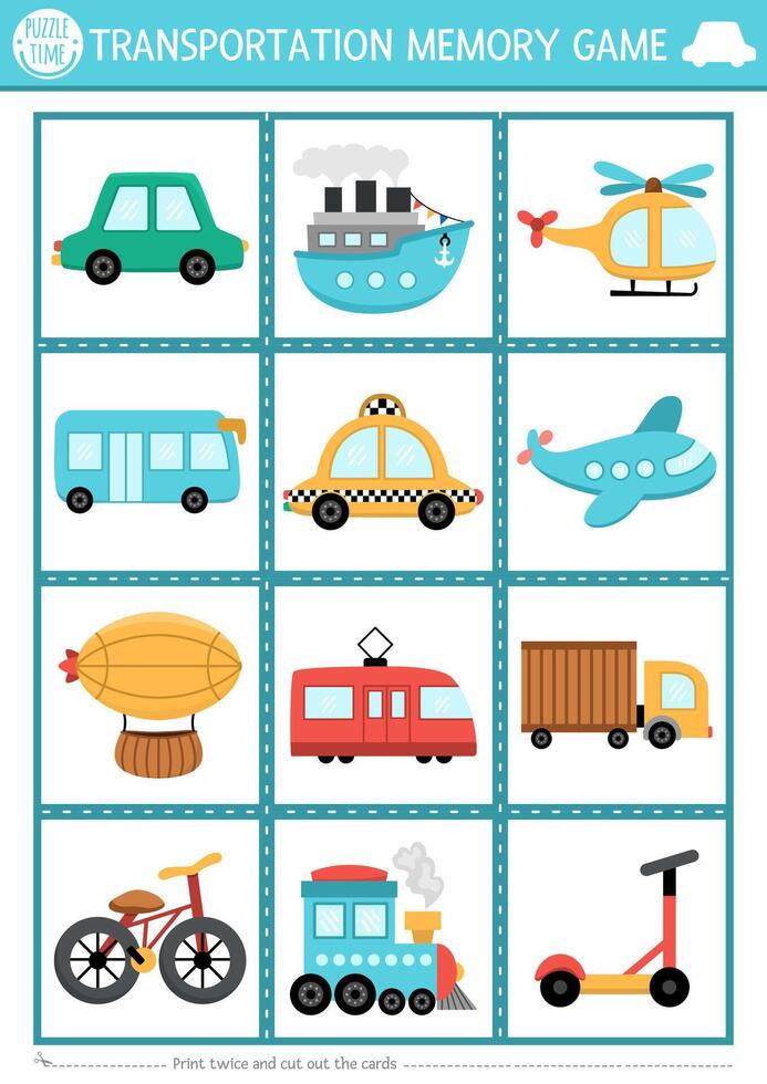 transportation memory game cards with cute traditional symbols. Water, air, land transport matching activity. Remember, find correct card. Simple printable worksheet for kids with cars vector