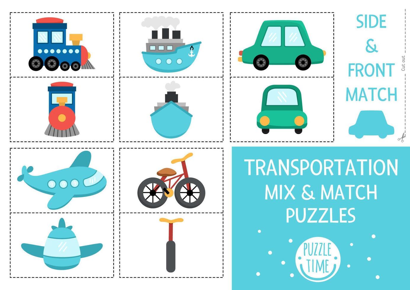 transportation mix match puzzle with ship, plane, car, bike, bicycle, train. Matching transport activity for kids. Educational printable game with front and side view vehicles vector