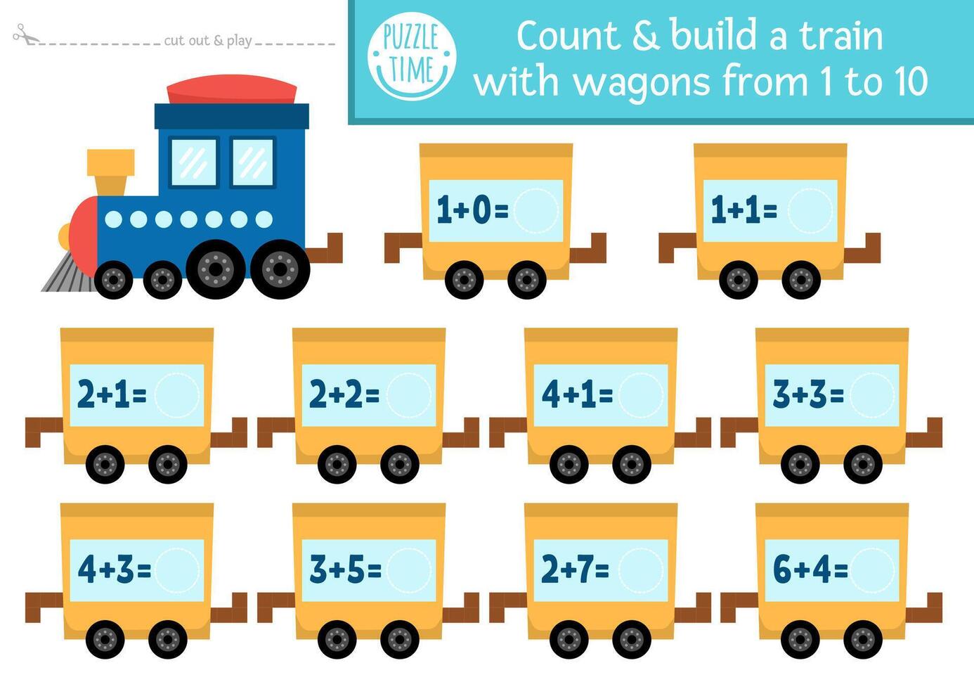 Lets build a train cut glue activity. Transportation educational crafting game with engine, wagons. transport printable page for kids with numbers. Count to 10 and arrange in right order vector
