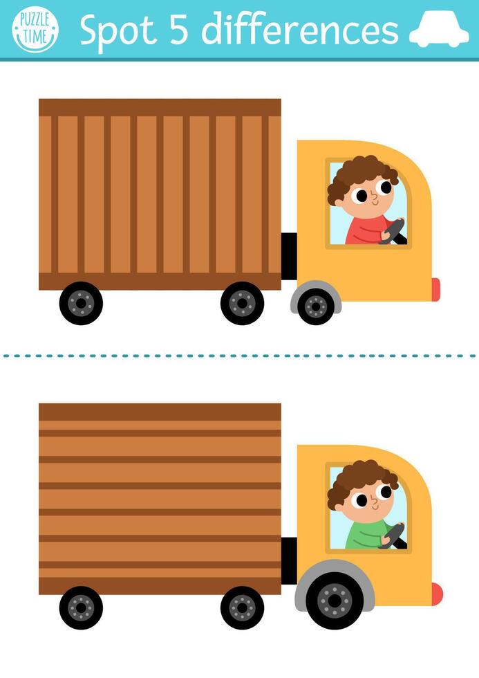 Find differences game for children. Transportation educational activity with cute truck with driver. Cute puzzle for kids with funny transport. Printable worksheet or page for logic, attention skills vector