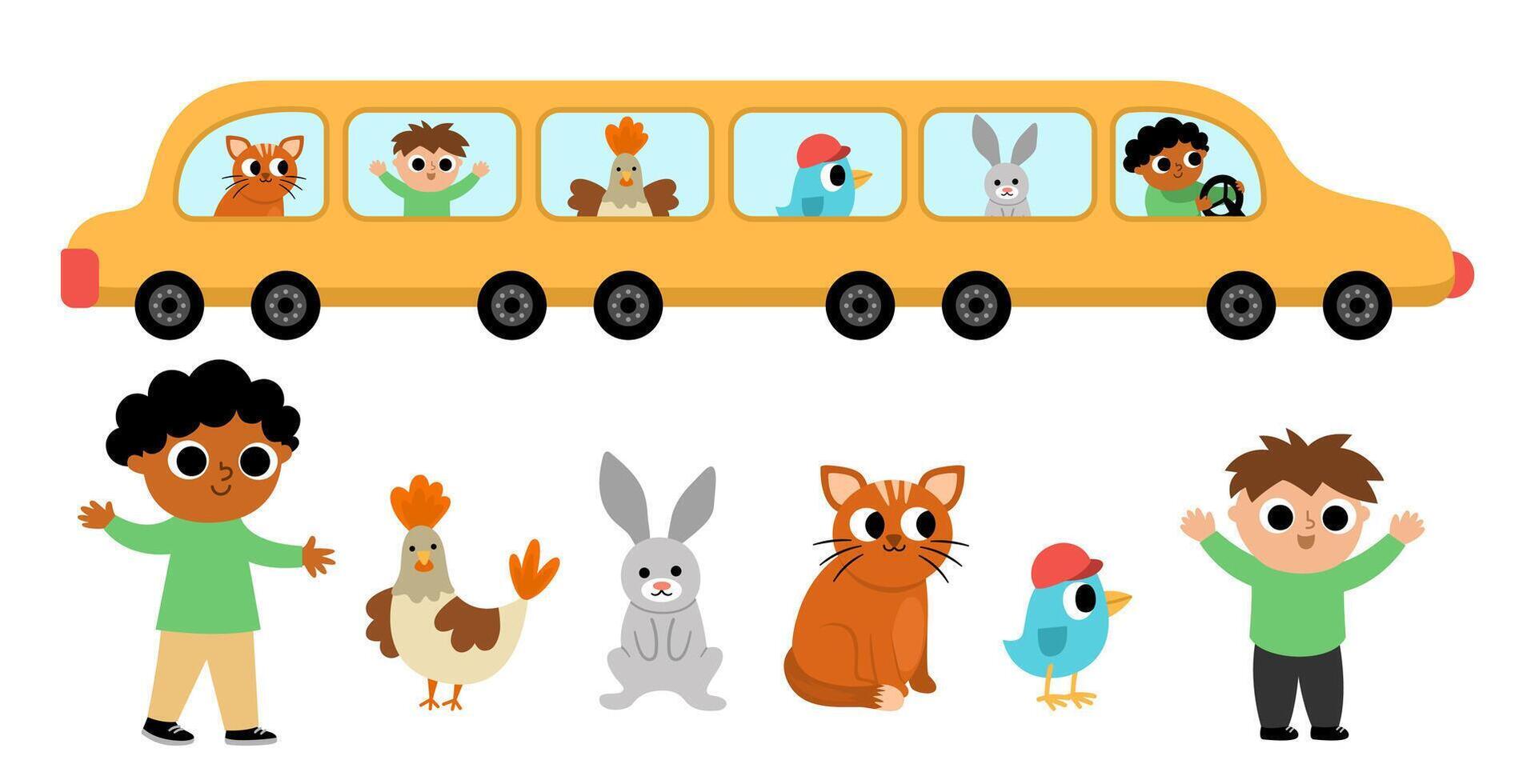 yellow limousine car with passengers. Funny automobile for kids. Cute vehicle clip art with driver, hen, rabbit, cat, bird, boy. Retro transport icon with animals isolated on white background vector