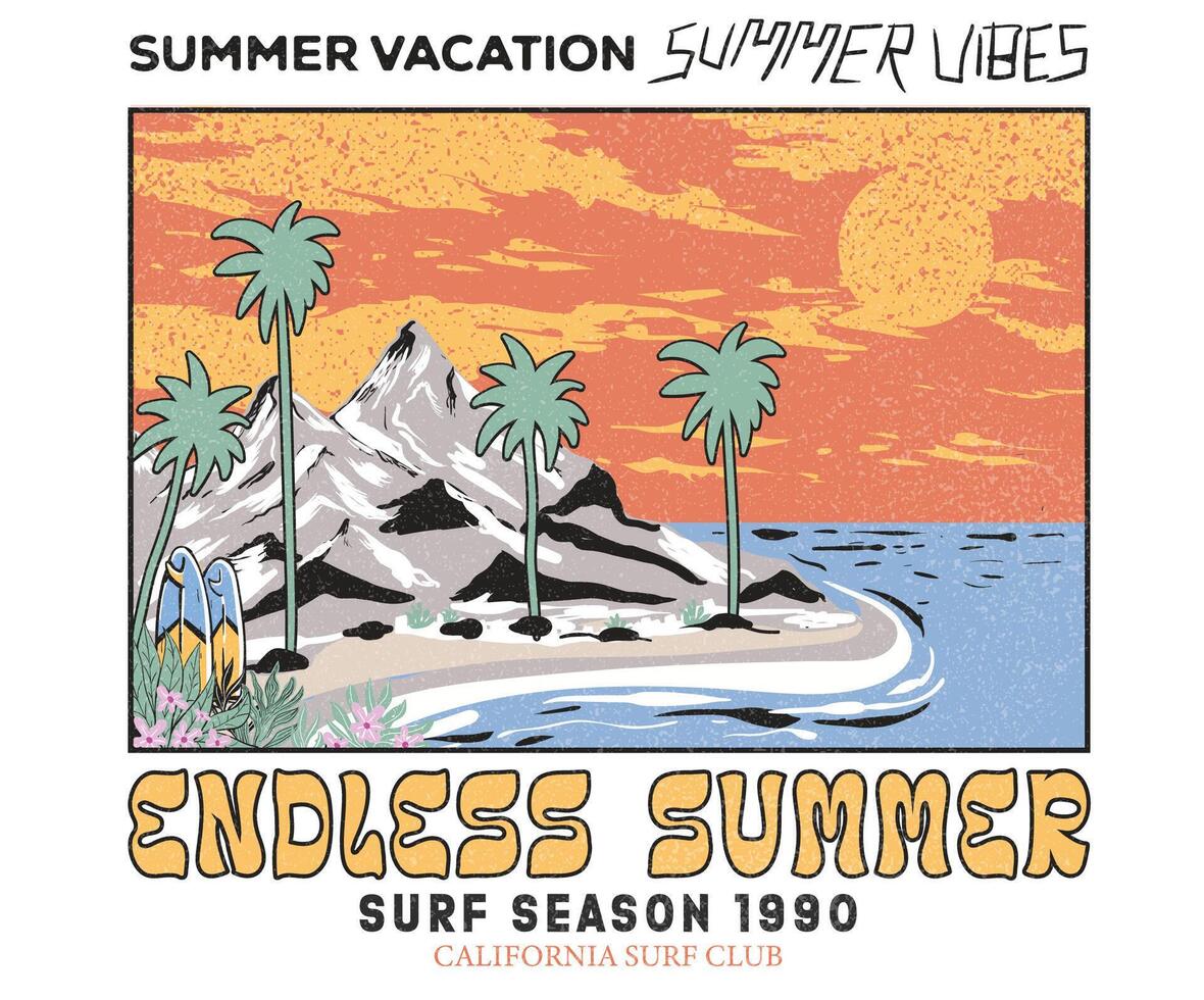 Endless summer. Sunshine paradise graphic print design. Enjoy beach life. Summer vibes artwork. Surf club design. Beach wave artwork. Mountain with beach modern abstract art. vector