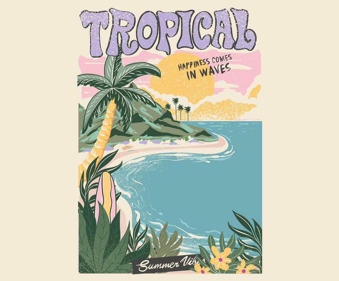 Mountain with beach modern abstract art. Sunshine paradise graphic print design. Enjoy beach life. Summer vibes artwork. Surf club design. Beach wave artwork. vector