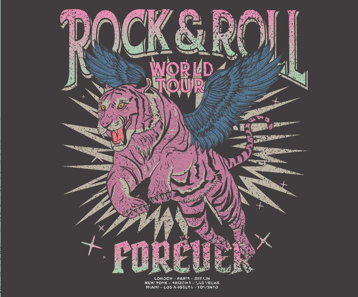 Tiger fly high t shirt print design. Animal rock and roll artwork for fashion and others. vector