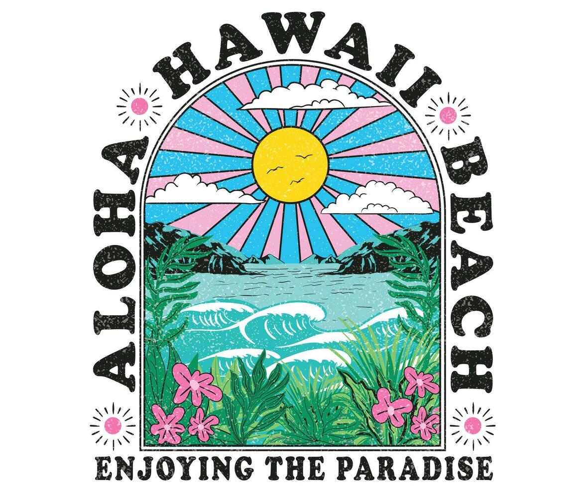 Surfing Hawaii beach. Sunshine paradise graphic print design. Enjoy beach life. Summer vibes artwork. Surf club design. Beach wave artwork. Hawaii Aloha beach modern abstract art. Tropical flower. vector