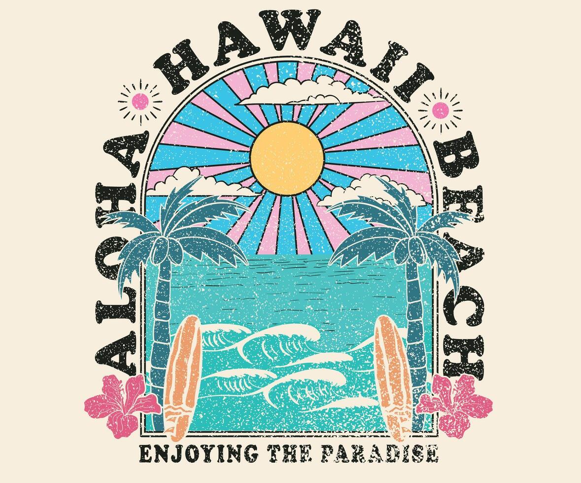 Hawaii aloha surfing club. Surfing Hawaii beach. Sunshine paradise graphic print design. Enjoy beach life. Summer vibes artwork. Surf club design. Beach wave artwork. Tropical flower. vector