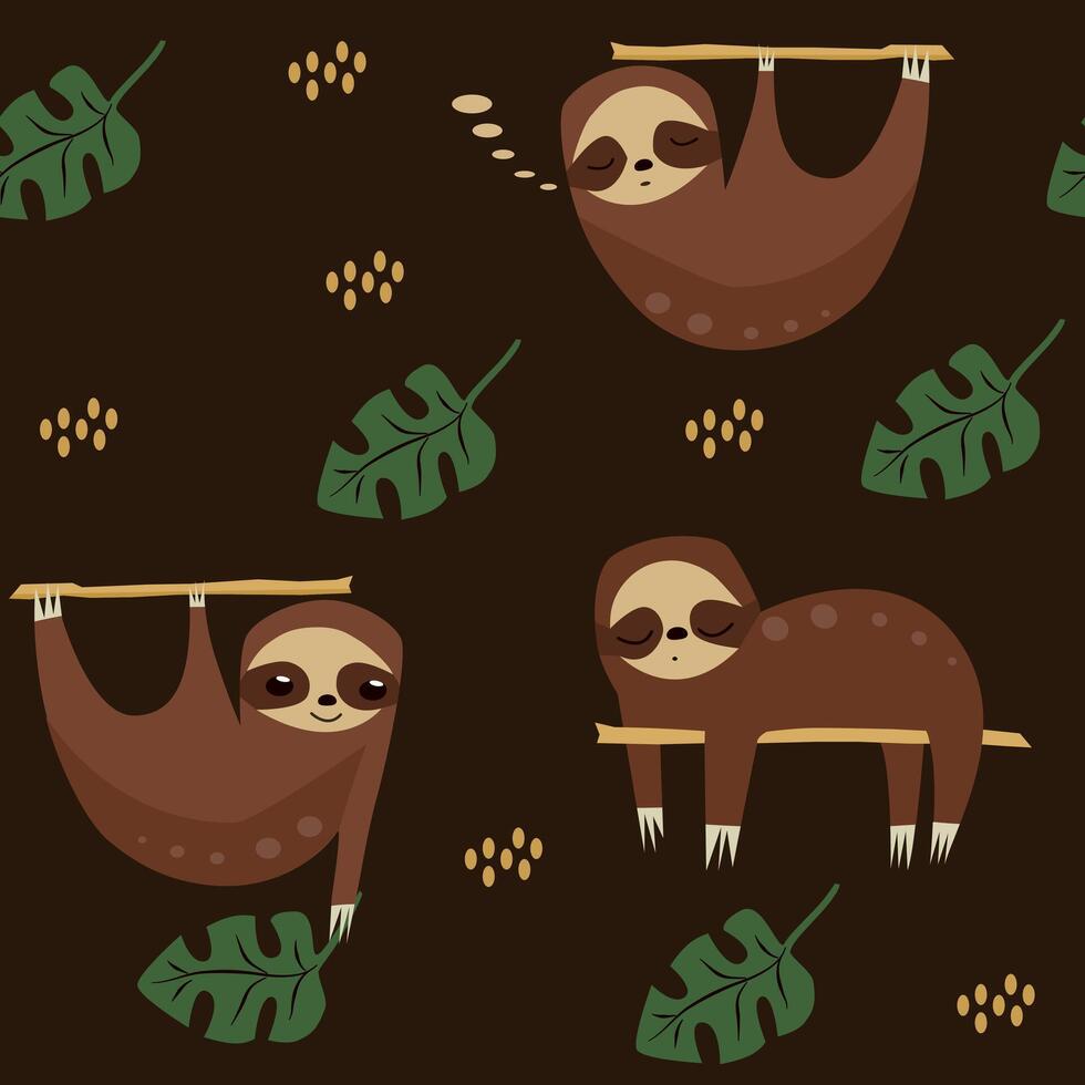 Hand drawn seamless pattern with cute sloths and tropical palm leaves. For wallpaper, textile or print design. vector