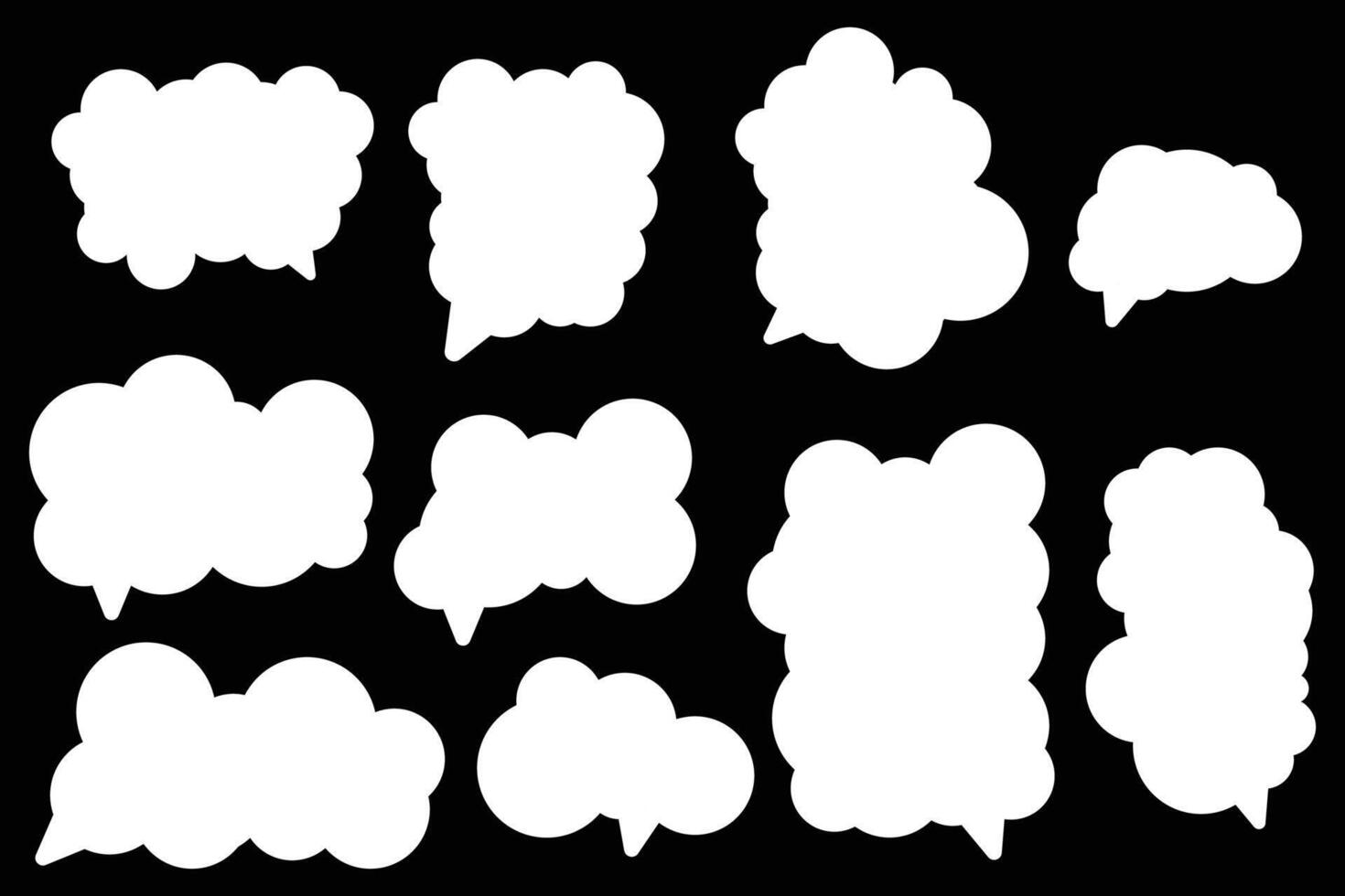 Set speech bubbles on black background. chat box or chat square and doodle message or communication icon Cloud speaking for comics and minimal message dialog vector
