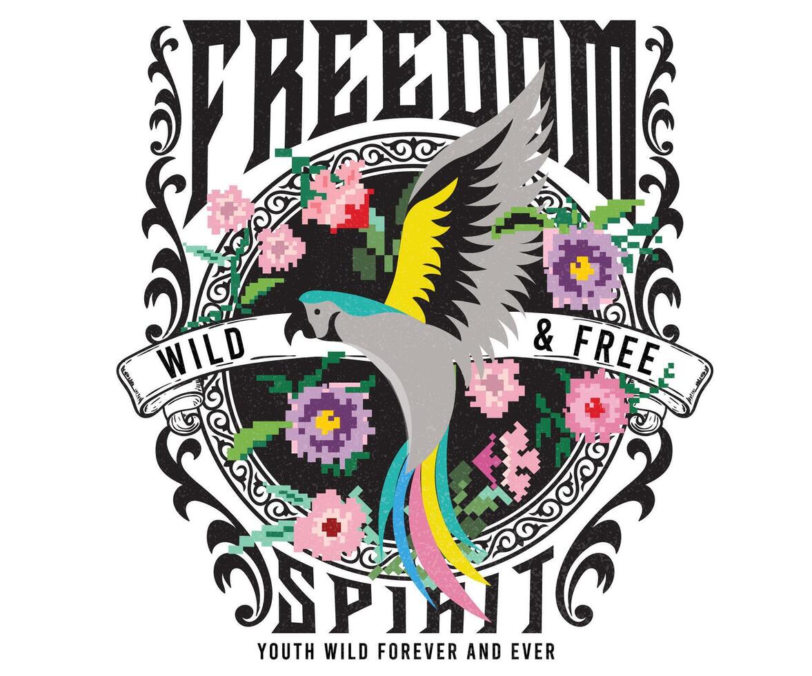 Colorful bird fly artwork design for t-shirt and others. Rock and roll graphic print design for apparel, stickers, posters and background. Music tour logo design. Pixel flower artwork. vector
